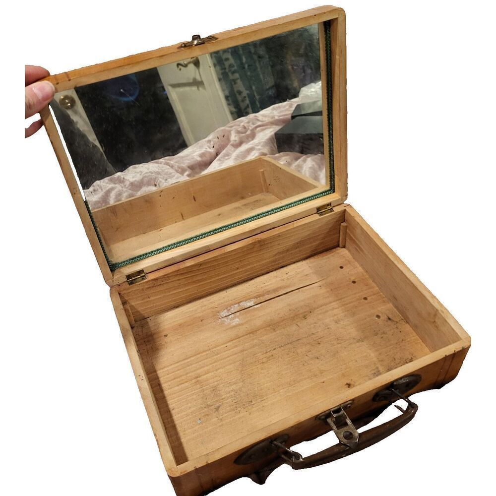 Antique 1940 Wooden Box with Handle and Mirror 12in long 8.75in wide 3.75in tall